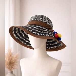 Steve Madden Black & Brown Wide-Brim Sun Hat with Colorful Tassels